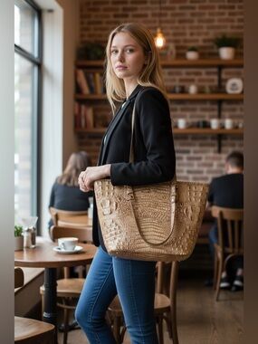 BRAHMIN Asher Tote/Shoulder Bag, Croc-Embossed Taupe/Cream Leather,tassel charm